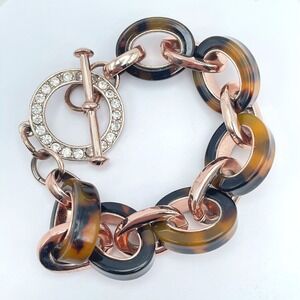 Vintage Rose Gold-Tone Crystal-Encrusted Tortoiseshell Link Toggle Bracelet